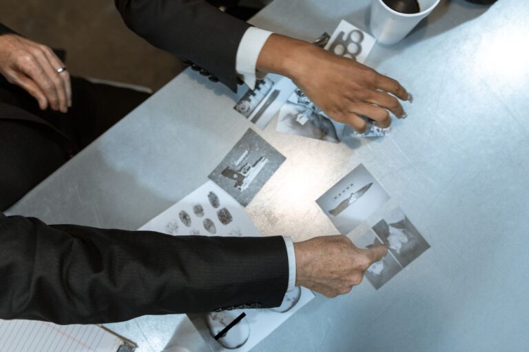 Detectives analyzing black and white photos and fingerprints. Investigation process depicted in detailed top view.